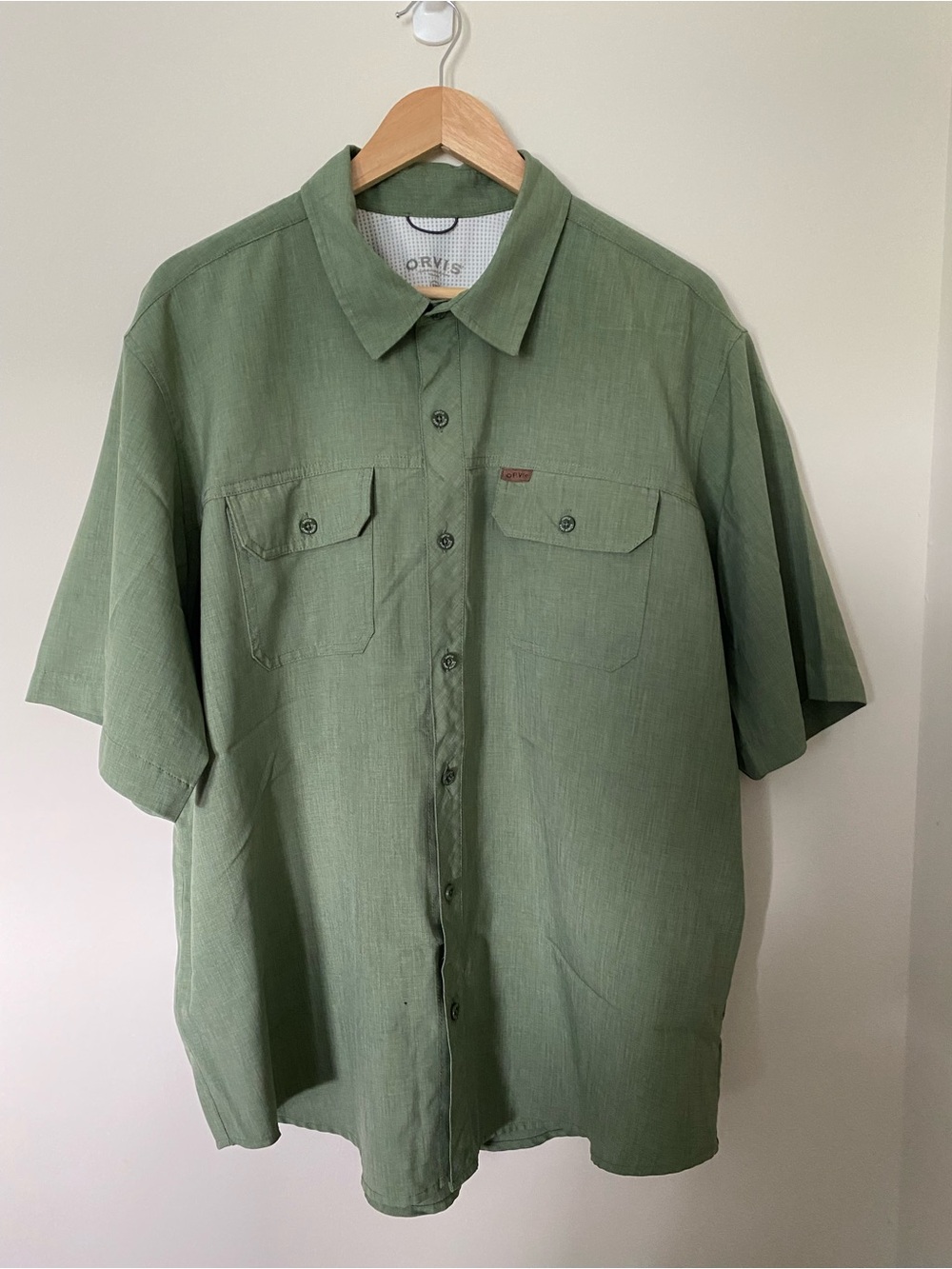 Orvis Shirt Adult XXL Green Button Up Casual Outdoor Camp Mens Short Sleeve